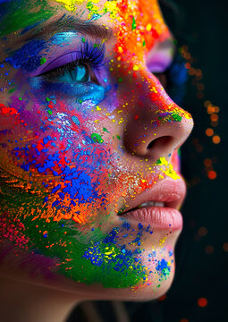 Beautiful woman with an vibrant colorful paints on her face, rainbow colours