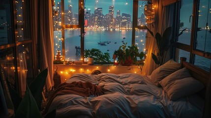 Cozy Bedroom with City Skyline and String Lights at Night.