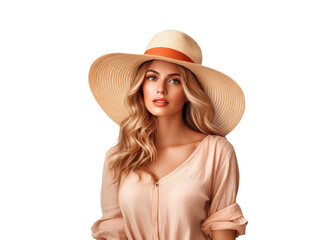 A beautiful young woman wearing summer clothing on the transparent background.