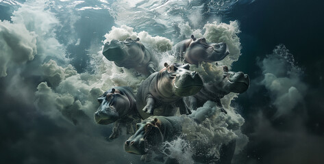 Hippopotamus Underwater Ballet A playful group of hippos cavort underwater, their bulky bodies surprisingly graceful as they chase each other, showcasing the hidden agility of these land giants  photo - obrazy, fototapety, plakaty