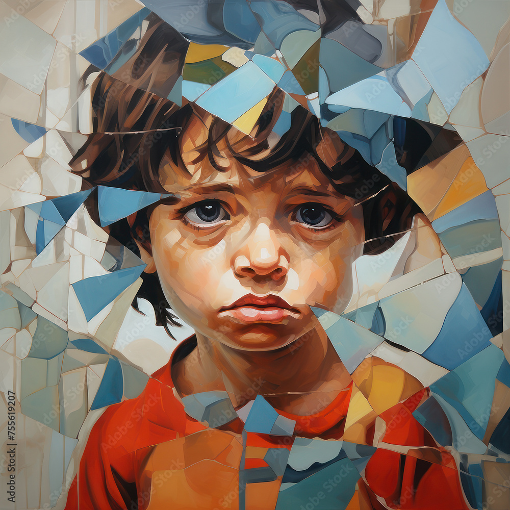 Poster cubist image of a little boy's sad expression in a color mosaic
