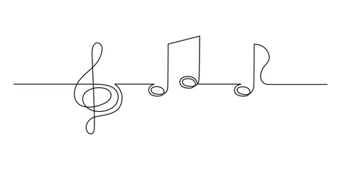 Treble clef and musical notes one line art, hand drawn continuous contour outline.Love music composition concept,minimalist template melody art design.Editable stroke.Isolated.Vector illustration