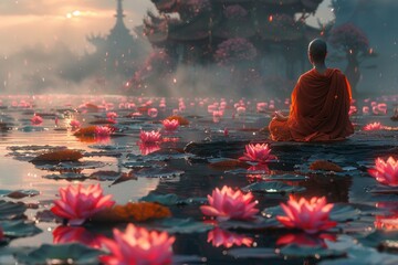 A monk meditates at dawn among a blooming lotus in a pond with a temple in the background