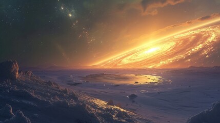 Abstract Interstellar Planet Landscape with Fiery Ringed Sun