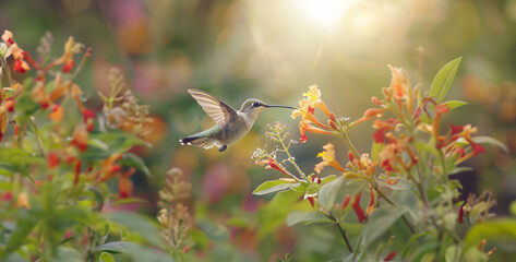 bird on a branch, A hummingbird hawk-moth hovers gracefully around flowers, mimicking the bird's behavior and colors to deceive predators and access nectar photography