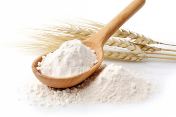 white flour in wooden scoop and bundle of wheat spikes isolated on white. Concept of food supply, vegetarian diet, carbs and nutrients