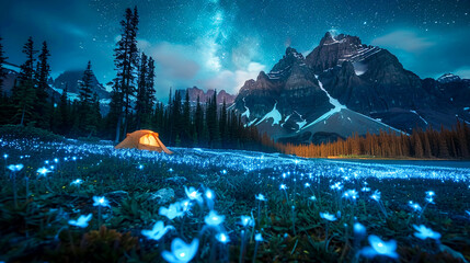 Camping under the aurora in a national park where the flora itself emits soft bioluminescent light creating a dreamlike landscape for night photography