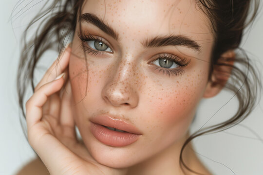 Exploring the Intricacies of Human Beauty: High-Definition Close-Up of a Young Woman with Freckles and Captivating Eyes