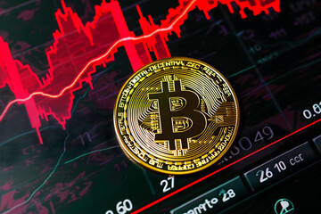 Golden Bitcoin on the background of the stock exchange.Golden bitcoin on the background of the exchange chart.Bitcoin Amidst the Fluctuating Financial Market