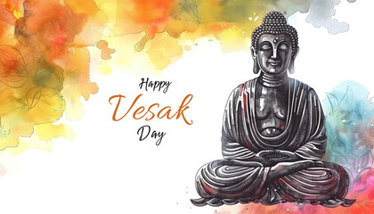 Watercolor Buddha with vibrant background and "Happy Vesak Day" text. Vesak Day card