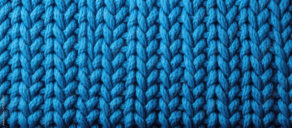 Poster a detailed view of a blue knitted material showing intricate facial loops and a textured background.