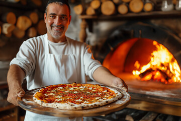 pizza maker holds ready-made beautiful pizza with basil c against the background of a wood-burning...