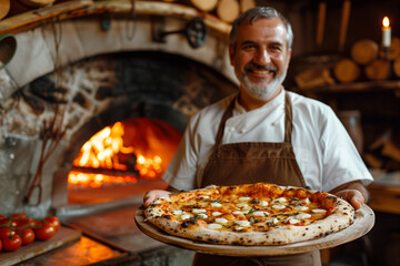 pizza maker holds ready-made beautiful pizza with basil c against the background of a wood-burning...