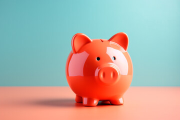 Orange piggy bank close up on blue background, no people, front view