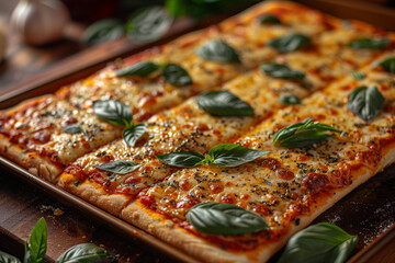 homemade square pizza with basil, on a baking sheet in the oven