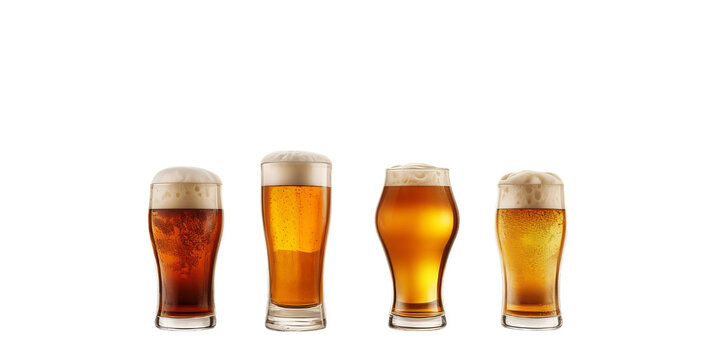 Glasses of beer stacked side by side isolated on the transparent background