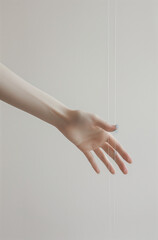 Close-up of hand with threads, minimalist concept of dependency, puppets of powerful people