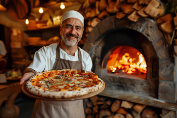 pizza maker holds ready-made beautiful pizza with basil c against the background of a wood-burning oven