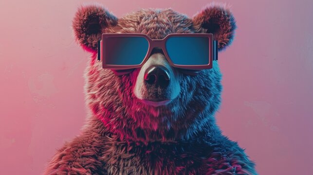 A bear wearing sunglasses with a pink background and red filter, AI