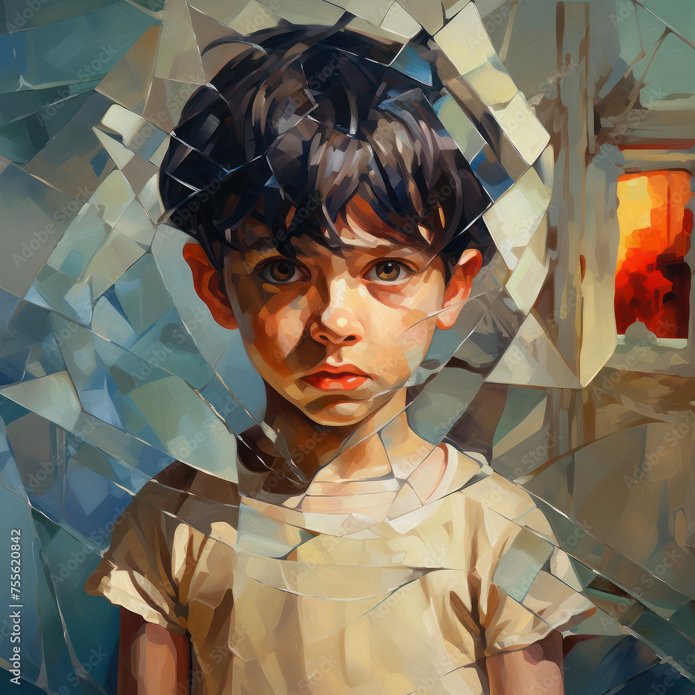 Poster artistic rendition in cubist style emphasizes a child's pensive expression with geometric abstractio