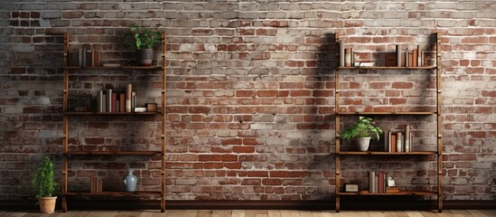 A brick wall with two levels of wooden shelves holding various potted plants. The plants add a touch of greenery and life to the industrial setting of the brick wall and wooden shelves.