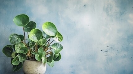Pilea Peperomioides with soft blue grunge concrete wall. Negative space, Free space for text. Generative AI