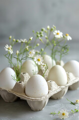 Eggs in a tray with flowers.Minimal creative Easter food concept.Top view.Generative AI