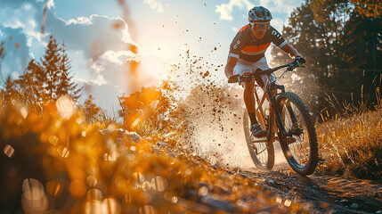 Athlete jumping on a Mountain Bike, summer mountain landscape - obrazy, fototapety, plakaty