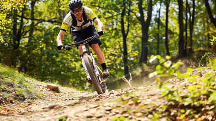 Fototapeta na wymiar Athlete jumping on a Mountain Bike, summer mountain landscape