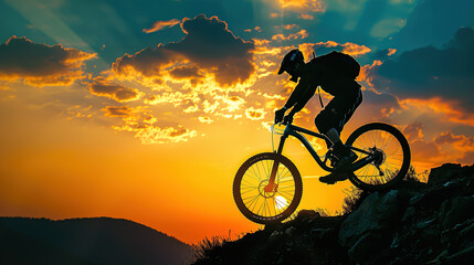Athlete jumping on a Mountain Bike, summer mountain landscape