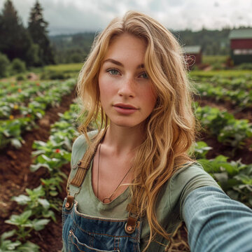 Millenials girl take a selfie photo on village, Generative AI