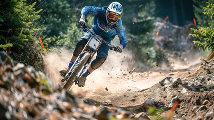 Athlete jumping on a Mountain Bike, summer mountain landscape