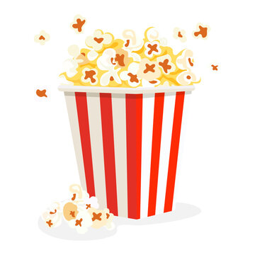 Flat style popcorn box. Popcorn is a staple snack for watching a film. Isolated on a white background. Vector image