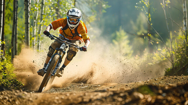 Athlete jumping on a Mountain Bike, summer mountain landscape