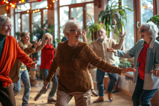 Group of smiling senior people dancing while enjoying activities in retirement home