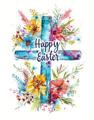 Illustration of a cross with flowers and the inscription "Happy Easter".Minimal creative Trendy social mockup or wallpaper he is rising concept.Top view,flat lay.Generative AI