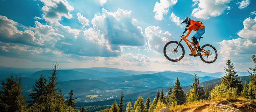 Athlete jumping on a Mountain Bike, summer mountain landscape