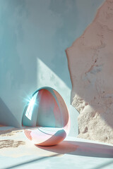 Abstract egg in the wall,Egg illusion,Heavenly horizon.Minimal creative interior Easter concept.Copy space,top view.Generative AI