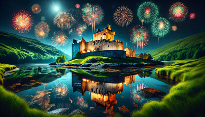 Enchanted Castle on St. Patrick's Day: Fireworks and Reflections