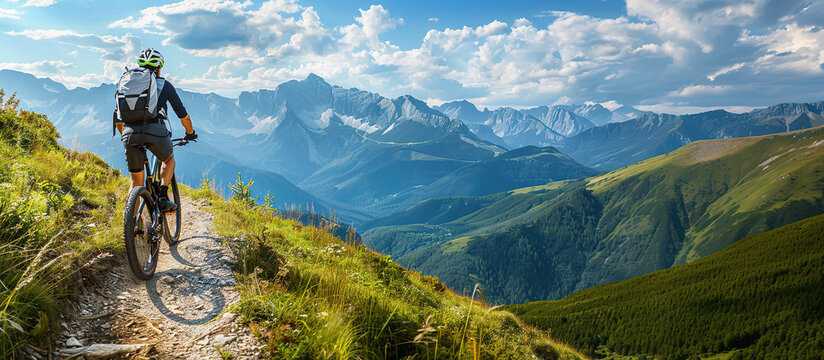 Athlete jumping on a Mountain Bike, summer mountain landscape