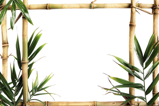 A natural bamboo frame decorated with leafy green branches creates a tropical border