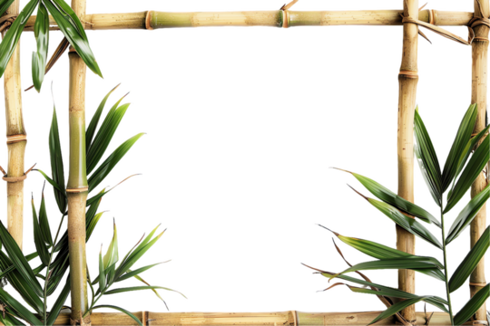 A natural bamboo frame decorated with leafy green branches creates a tropical border