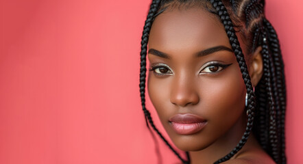 A woman with dark hair and a dark skin tone is standing in front of a red background. She has a serious expression on her face. A beautiful black woman with stylish braided hair