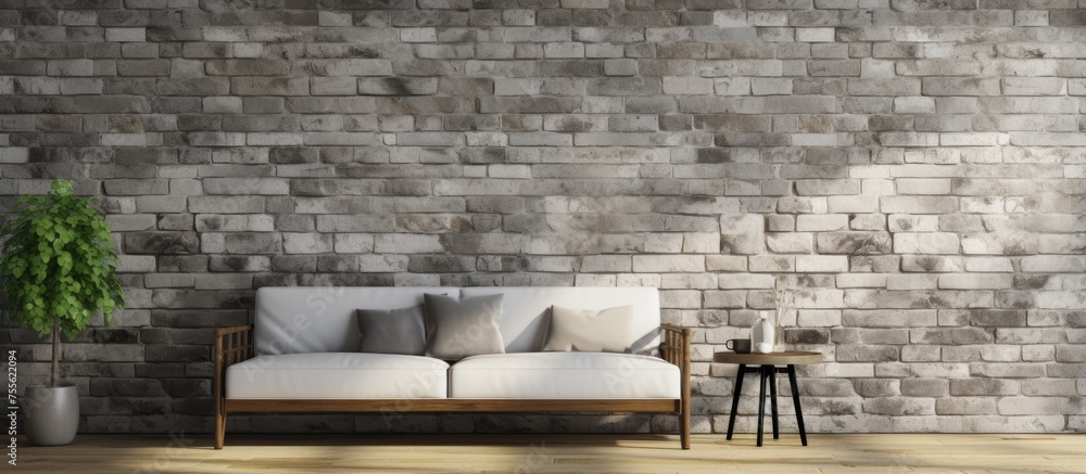 Aufkleber a white wool texture couch is positioned in front of a solid gray stone brick wall in a room. the cl
