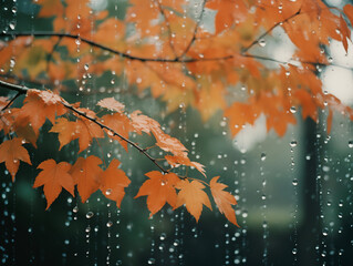 Cozy Autumn. Weather backdrop. Autumn leaves, rain. Fall, park, trees, outdoor background.