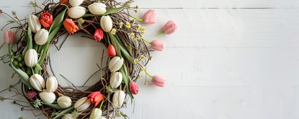 Modern Festivity: An Elegant Easter Wreath Featuring Minimalist Design and Abstract Blooms - obrazy, fototapety, plakaty
