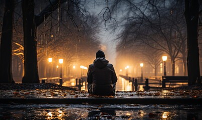 Person Sitting on Bench in Rain - obrazy, fototapety, plakaty