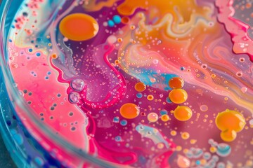 Close-up of bacterial colonies in a petri dish.