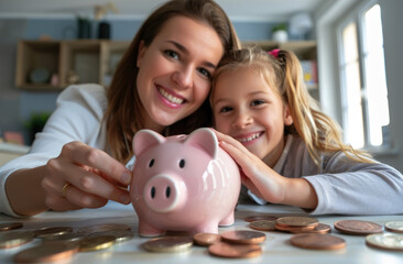 Happy mother and her smiling little girl together with a pink piggy bank on a table at home, focusing on it, making a collage of coins in her hand. Financial education concept