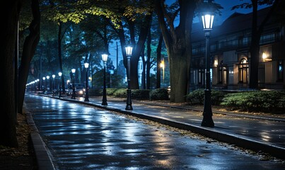 City Street Night Scene With Street Lamps and Trees